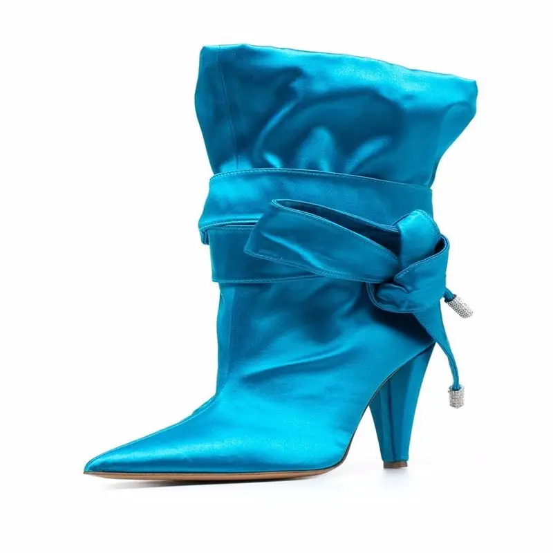Jual Sepatu Bot Pendek Wanita Hak Tinggi Ujung Lancip Modis Sepatu Lilit Pergelangan Kaki Seksi Sepatu Bot Slip-On Gesper Berlian Imitasi Ukuran Besar 44 Wanita