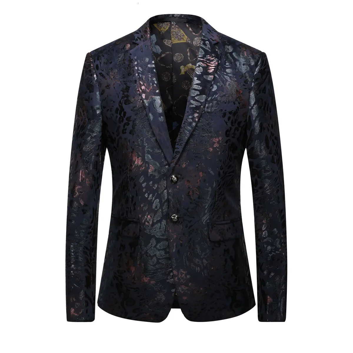 

Flower Blazer Masculino Jacket Design Leopard Print Velvet Club Party Prom Jacket Men Blazer Mandarin Homme Groom Wedding Suit