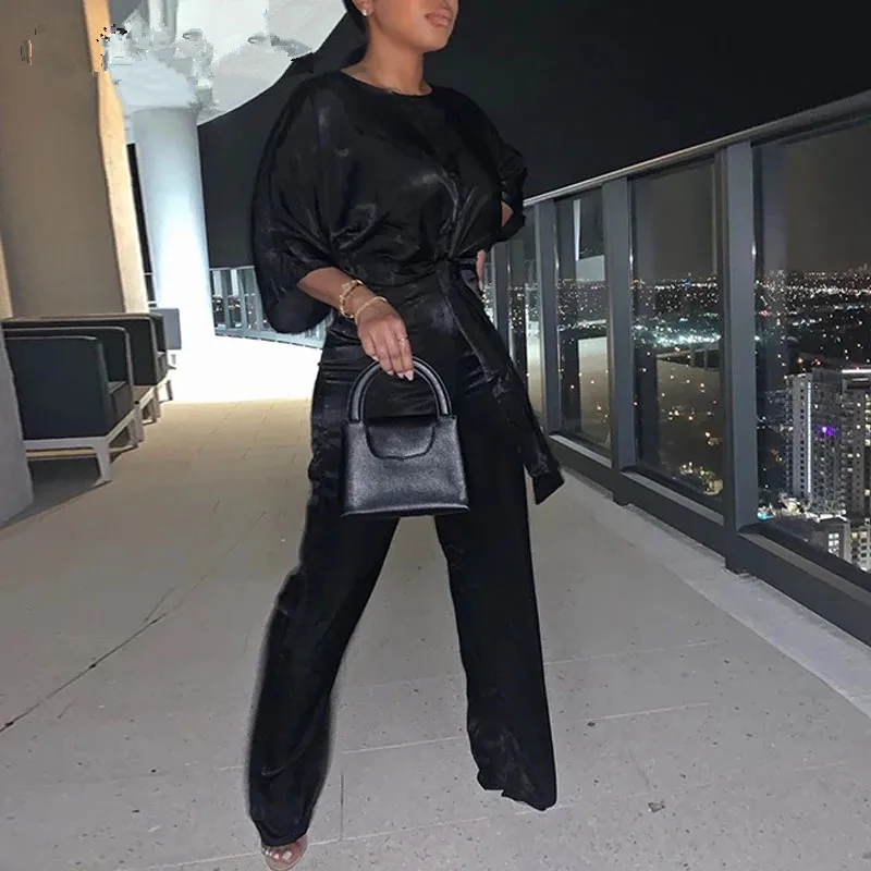

Women Solid Satin Jumpsuits Elegant Half Sleeve O-neck Wide Leg Belt Jumpsuit O-neck Street Wear Soft Bodcyon Rompers