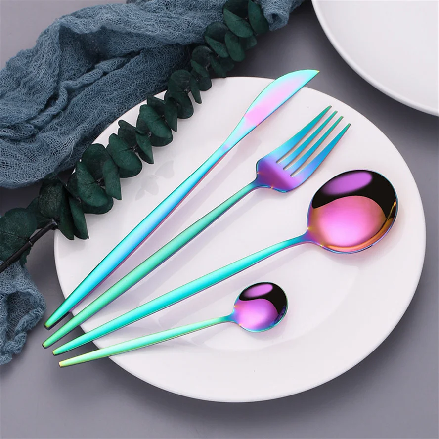 Rainbow Cutlery Set Tableware Forks Knives Spoon Luxury Kitchen Utensils 5Pcs Creative Combination Dinnerware Flatware | Дом и сад