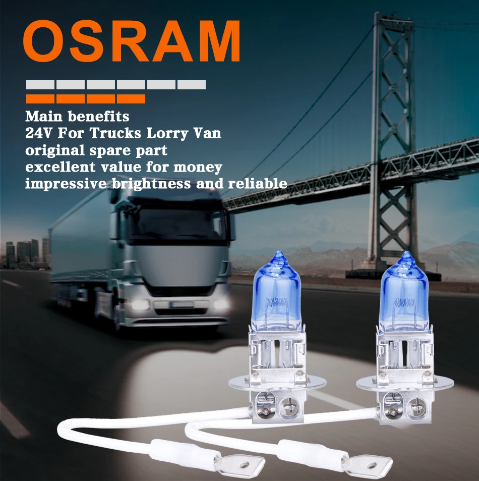 OSRAM h3 галогенные 100W 24V Автомобильные фары для грузовиков 62243TX PK22s 4000K H3 галогенные фары лампы для грузовиков аксессуары для ламп 1 пара