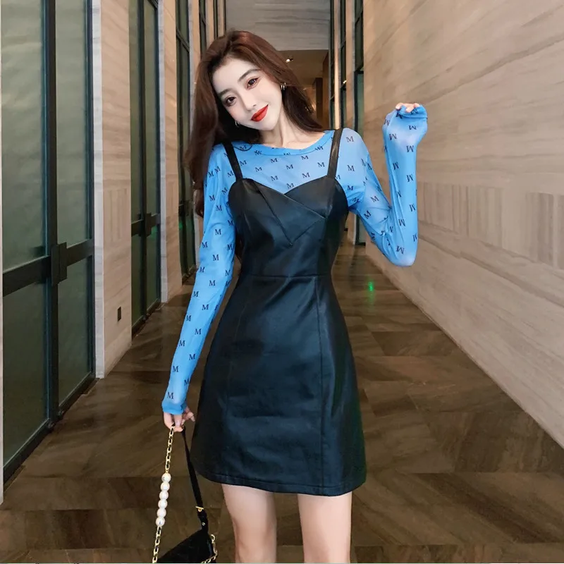 

INS Retro Sweet and Cool Hot Girl Suspender Dress PU Leather Sexy Slim A-line Bodycon Dress Black Sleeveless Party Evening Club