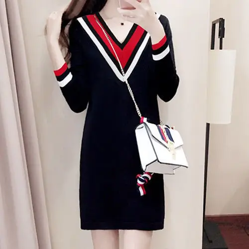 

2020 Korean autumn winter knitted stripe loose straight tube mid length dress with belly covering
