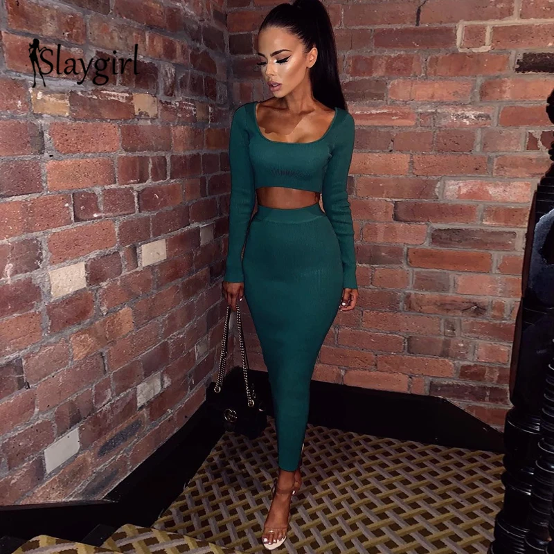 Slaygirl вязаный Повседневный Женский комплект 2 шт. укороченный топ и юбка с