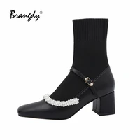 brangdy spring autumn women ankle sock boots genuine leather women pumps pearl women mary jean shoes square toe women boots