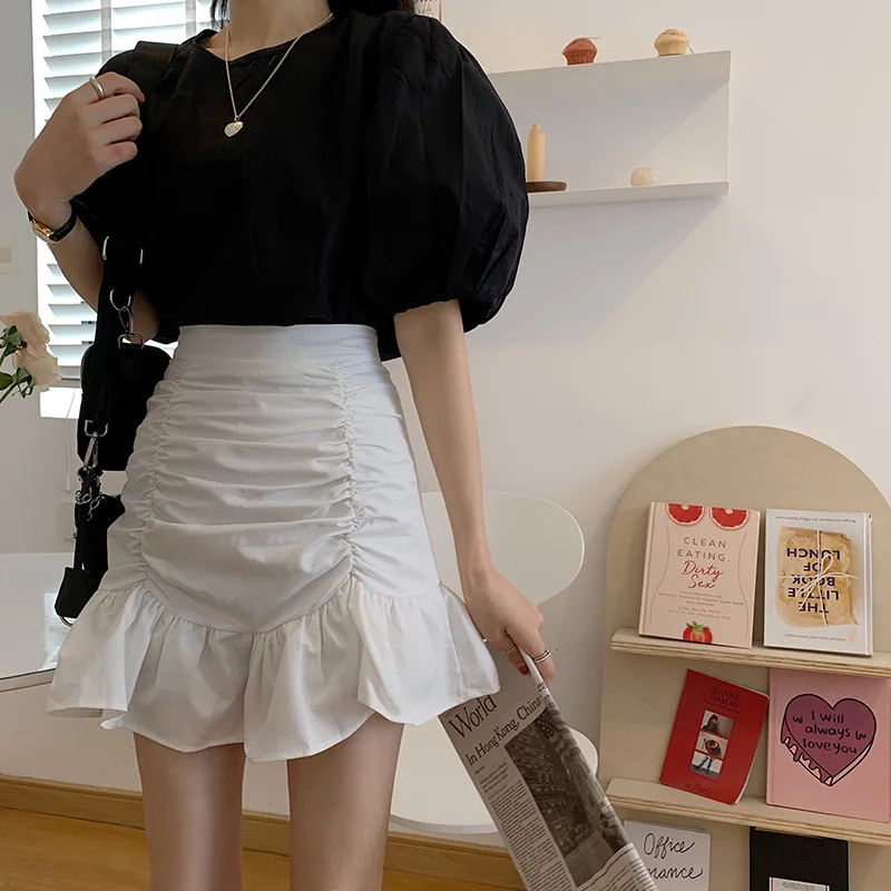 

Fishtail Skirt Half-length Skirt Female Summer 2021 New High-waist A-line Short Skirt Pleated Hip Lotus Leaf Skirt Female