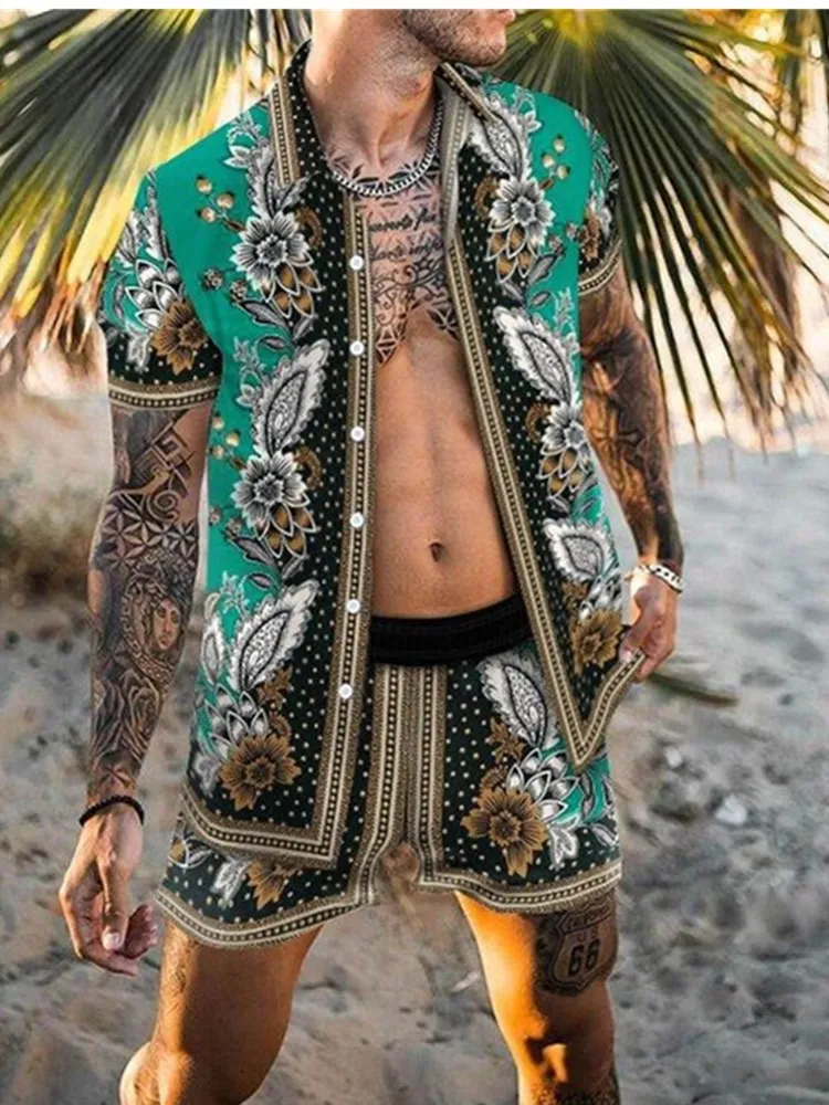 

Nice Summer Pop Men Hawaiian Sets Printing Short Sleeve Button Shirt Beach Shorts Streetwear Casual Mens Suit 2 Pieces Suit