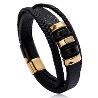 fashion unisex multi layer woven leather and stainless steel combination mens leather bracelet black brown male jewelry gift