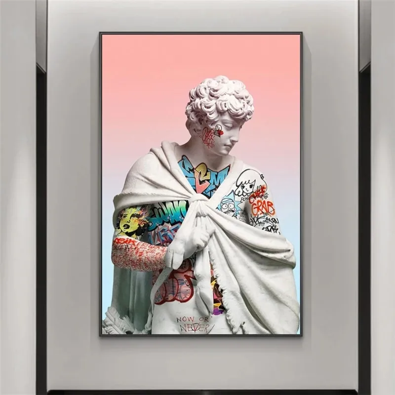 

Graffiti Art Pink Background Vaporwave Sculpture of David Portrait Canvas Art Posters and Prints Street Wall Art for Home Decor