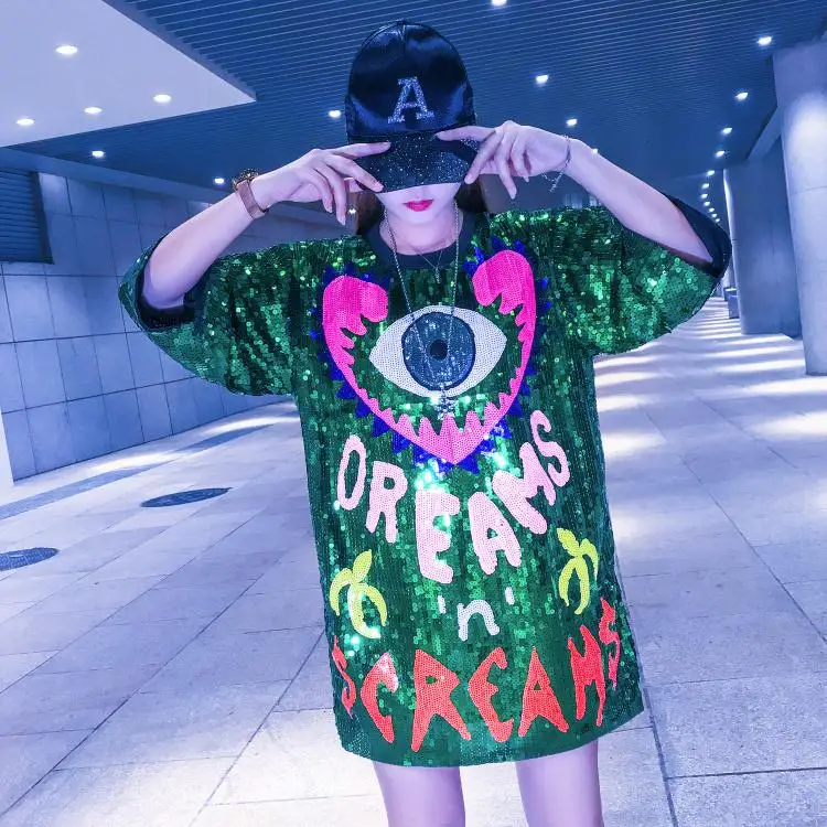 

Chic Letters Eyes Embroidery Sequins T-Shirts Dress Cusual Mesh Spliced O-Neck Beading Tees Party Dance Club Crop Tops Vestidos