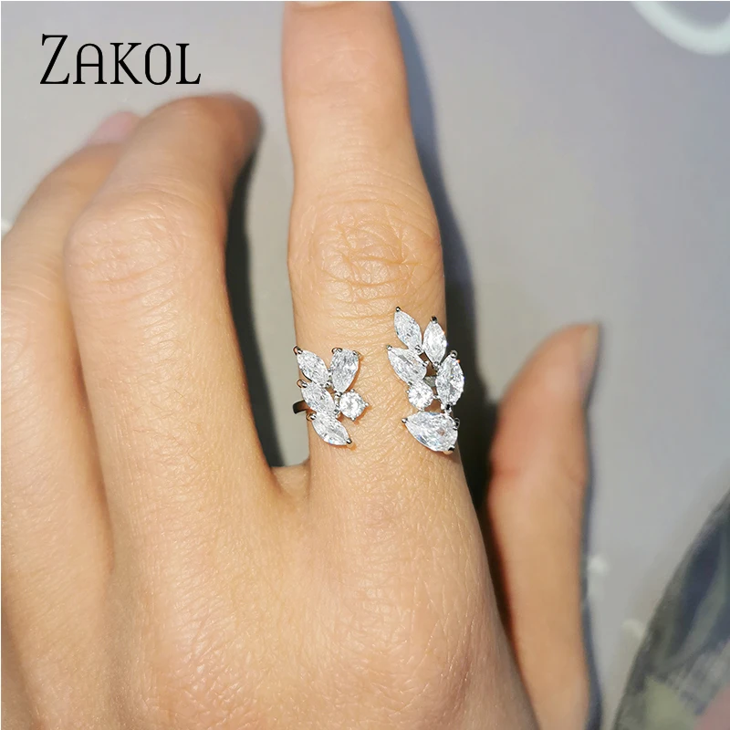 ZAKOL Новое модное очаровательное свадебное кольцо AAA Cz в форме листа прозрачные