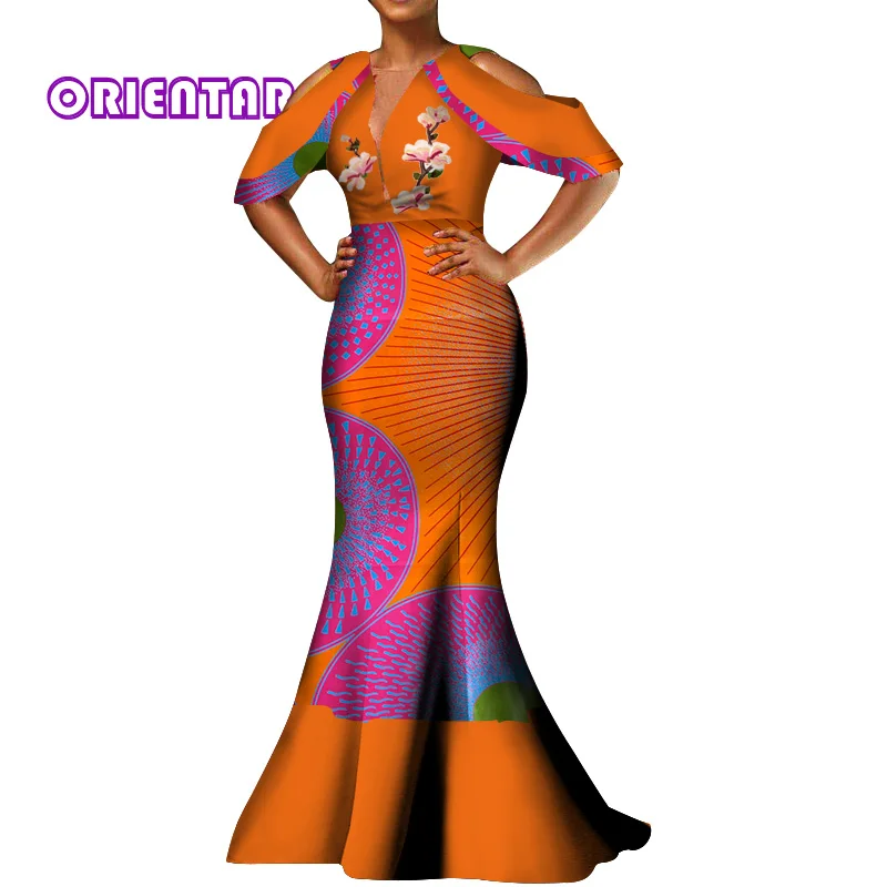 Женское платье в африканском стиле с вощеным принтом глубоким V-образным вырезом