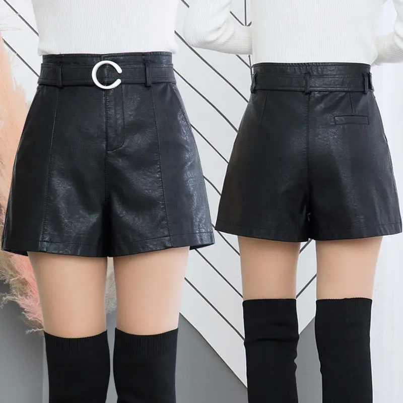 

Шорты женские с высокой талией из ПУ кожи, повседневные пикантные короткие модные уличные штаны с поясом, черные, Y32, весна-осень