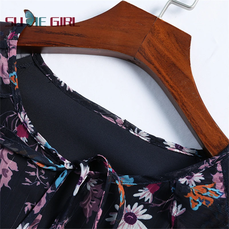 

SUDIE Girl Summer new style women's ruffled net yarn perspective waist slimming mid-length dress printed chiffon dress