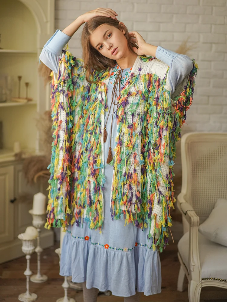 Женский весенне осенний вязаный кардиган оверсайз с кисточками| |