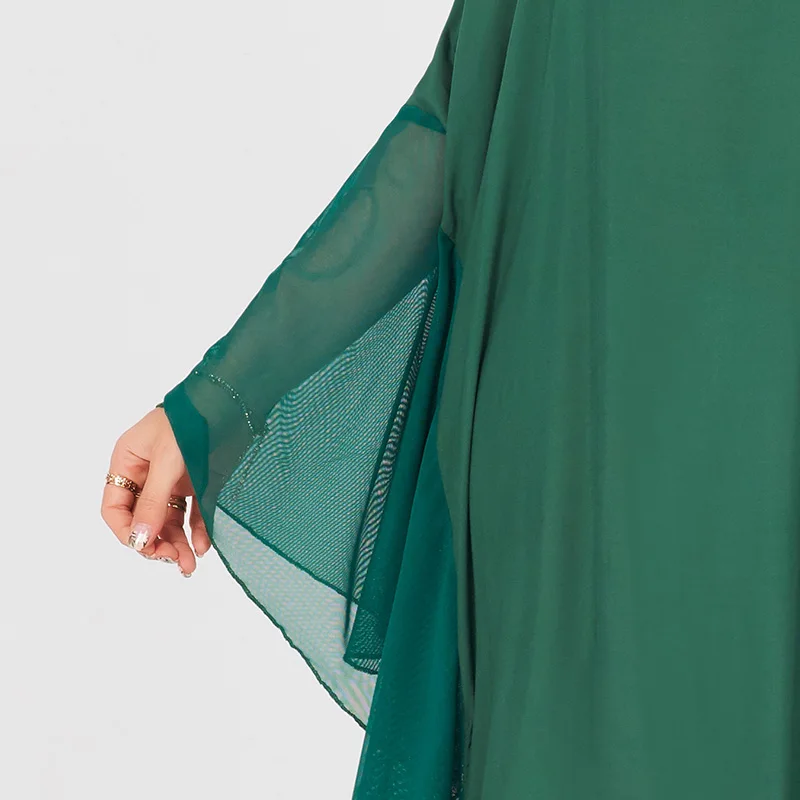 

Products Ladies Fashion Net Yarn Stitching Solid Hot Brick Round Neck Bat Sleeve Long Green Banquet Loose Lace Women's Dress