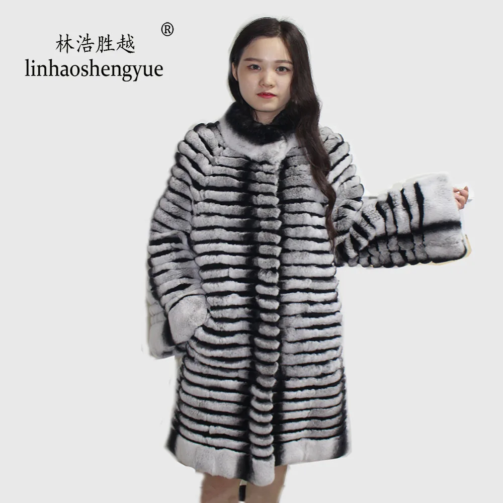 Linhaoshengyue 2020 Real Fur 90cm  Lenght Rabbit Fur Women Coat  Fashion Warm  Winter  Freeshipping