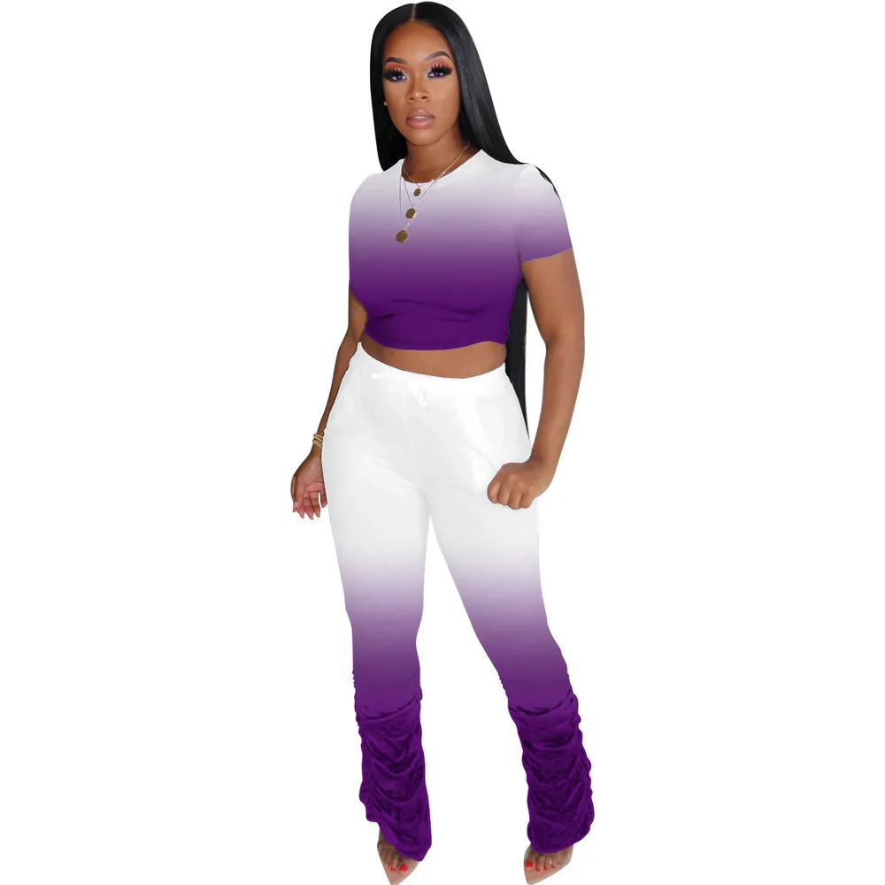 

Plus Size Gradient Print Two Piece Matching Set for Women Short Sleeve Bandage Crop Top Stacked Flare Pant Jogger Summer Outfits
