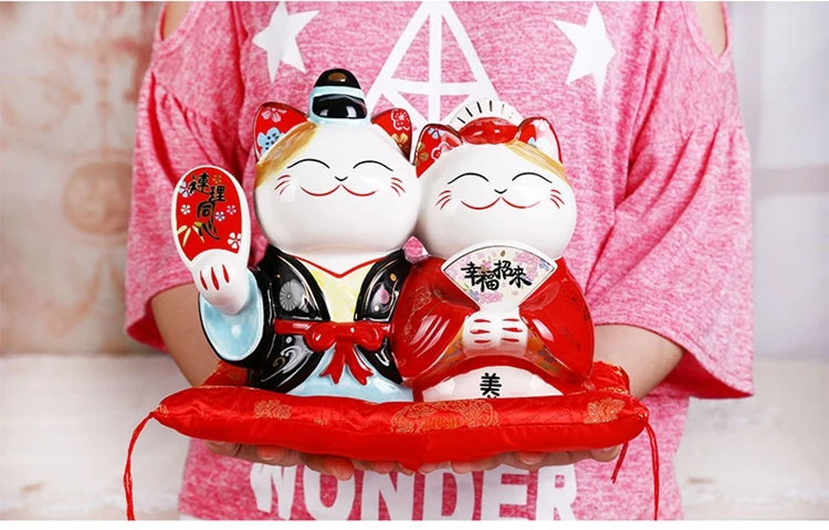 9 дюймов Свадебные Maneki Neko орнамент керамическая пара Lucky Cat подарок для украшения дома фэн шуй Копилка статуя