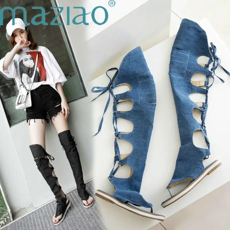 Women thong shoes Denim summer boots Low heels Over the knee high boots Woman black blue beige shoes Clip toe sandals MAZIAO
