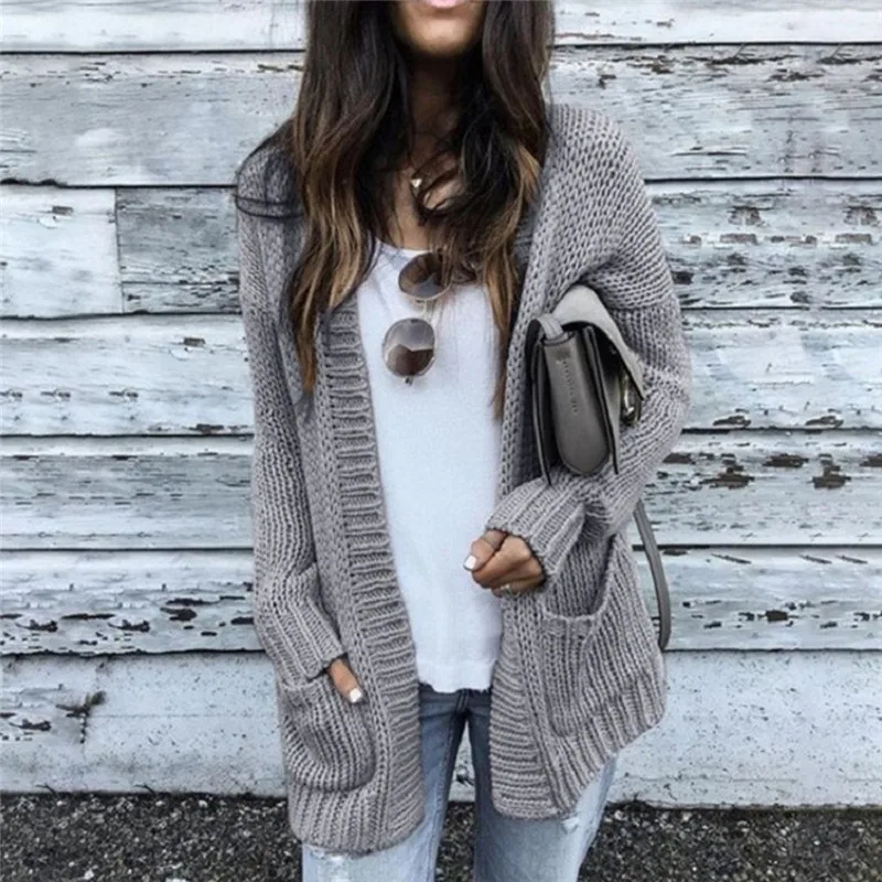 

New Solid Cardigan Long Sleeve Knitted Sweater Women Open Stitch Casual Sweaters Women Autumn Invierno 2019 Loose Cardigan Mujer
