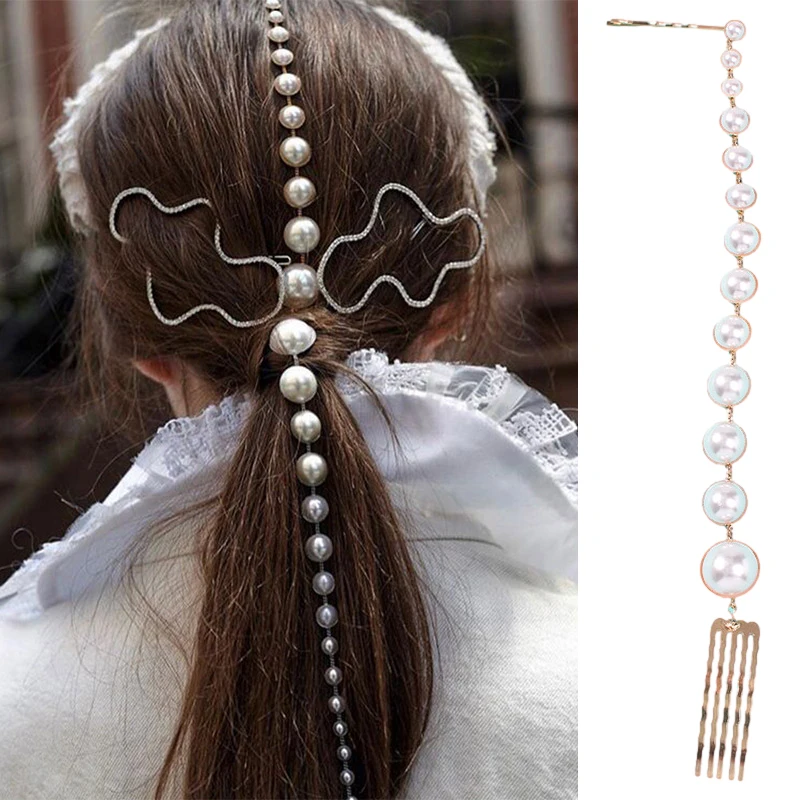 

Imitation Pearl Long Tassel Hair Clip Personality Stick Beaded Barrettes Top Head Ponytail Hairpins Punk Hairgrips Accessories