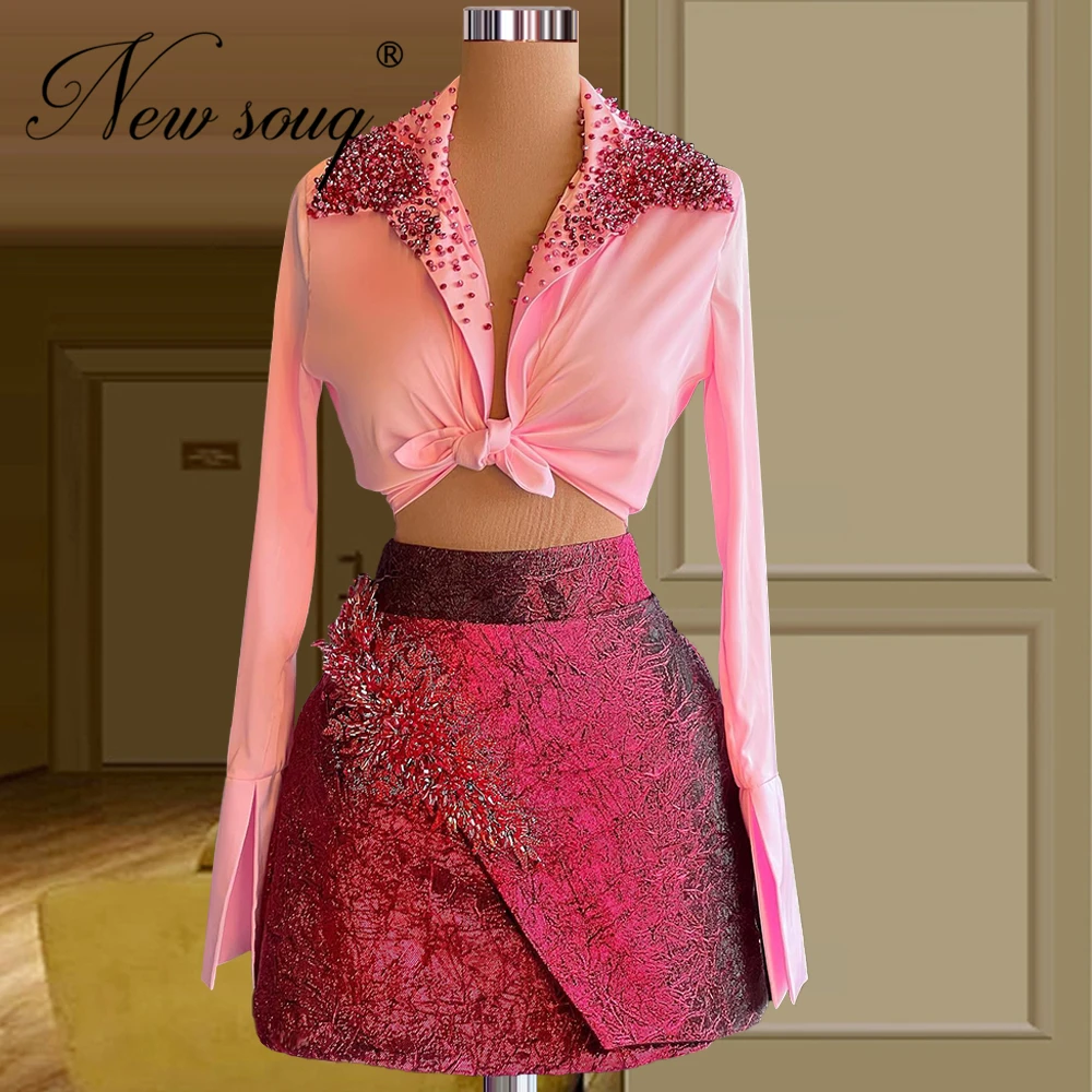 

2 Pieces Elegant Beading Short Evening Gowns For Cocktail Girls Long Sleeves Prom Dresses Vestidos De Fiesta Sexy Party Dress