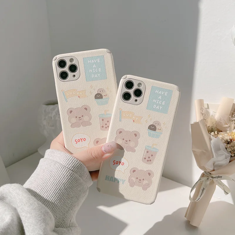 

Leather Milk Tea Bear Silicone Soft Phone Case For iPhone 7 8 Plus 2020 SE X XR XS Max 11 11Pro Max 12 12Pro Max Pro Mini Case