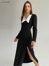 Macheda vestido de otoño blanco azul marino para mujer, elegante vestido negro con abertura en la cintura, elegante, ajustado, exclusivo para fiesta (3)