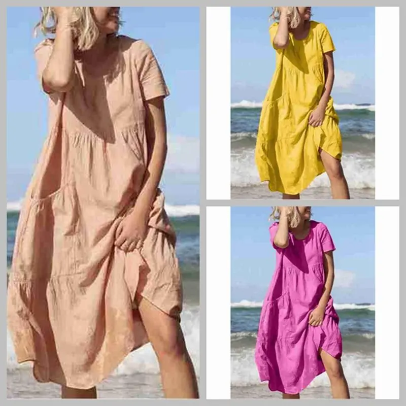 

Summer Beach Dresses 2021 Women Casual Loose Short Sleeve Solid Dress Holiay Vintage Ruffled Party Dresses Vestidos