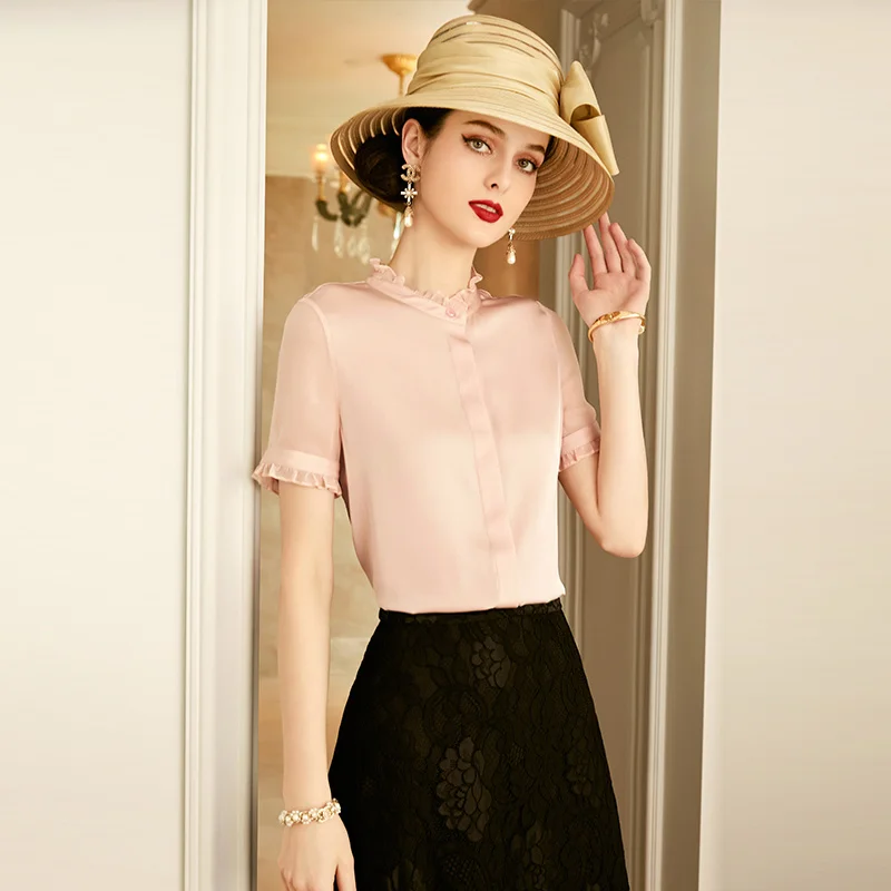 

Женская шелковая рубашка SHZQ, розовая рубашка в иностранном стиле с воротником-стойкой, тонкая рубашка из шелка тутового шелкопряда, Новинка...