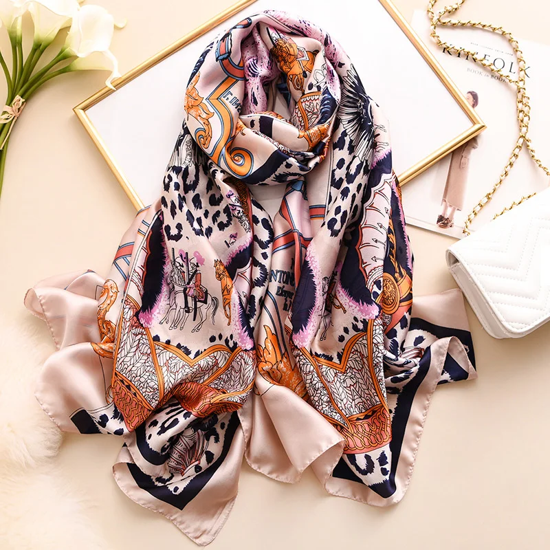 

Women Imitation Silk Scarf Retro Leopard Print Shawls Office Lady Wraps Female Headscarf Beach Towel Best Gift 90x180cm