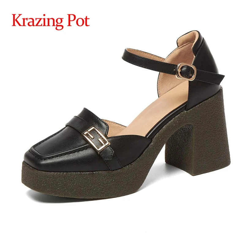 

Krazing pot cow leather square toe super high heel metal shallow streetwear thick bottom vintage buckle straps women sandals L82