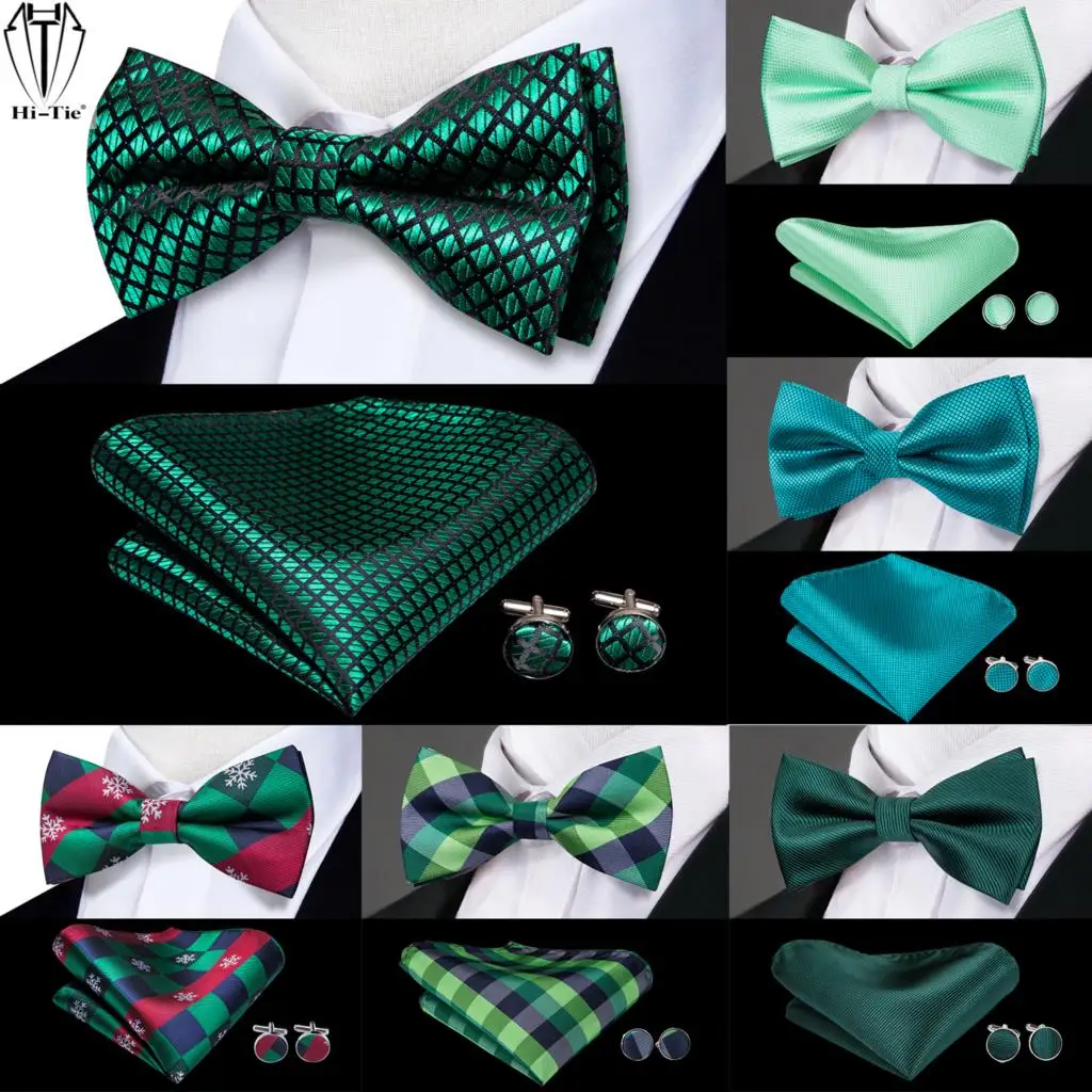 

Hi-Tie Silk Mens Bowtie Adult Mint Green Teal Plaid Solid Bow Tie Hanky Cufflinks Pretied Men Butterfly Bowknot Business Wedding