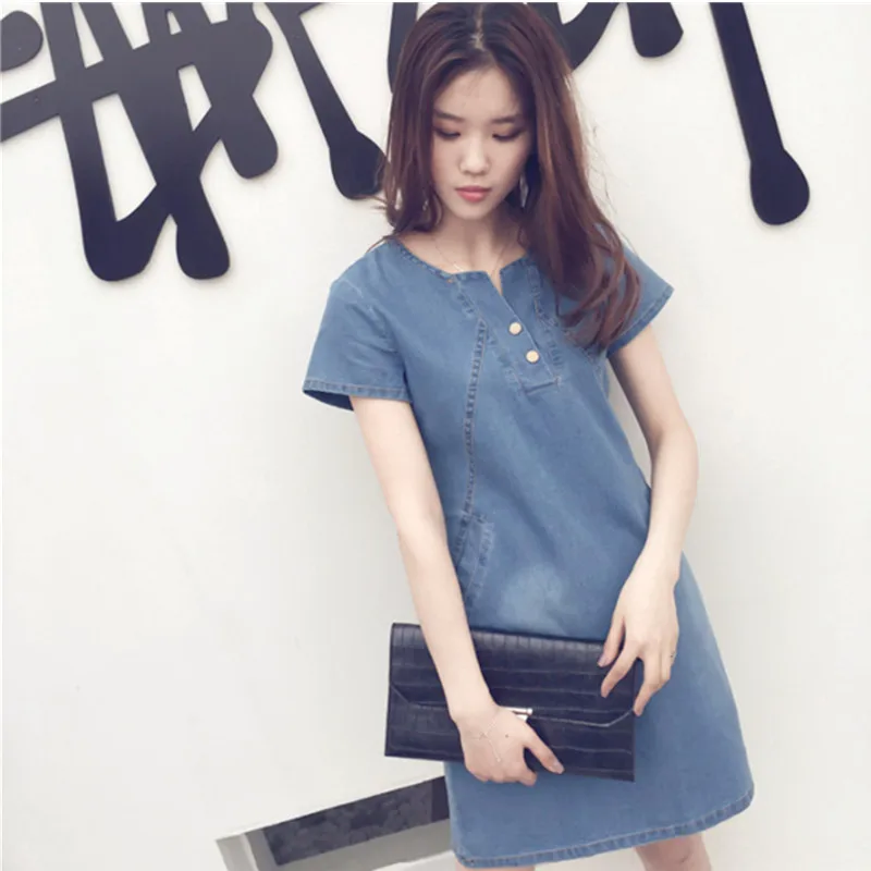 

2021 Summer Ladies Denim Skirt Casual Fashion Solid Color V-neck Mid-length Loose Plus Size Dress Female Trend Y2k Dress