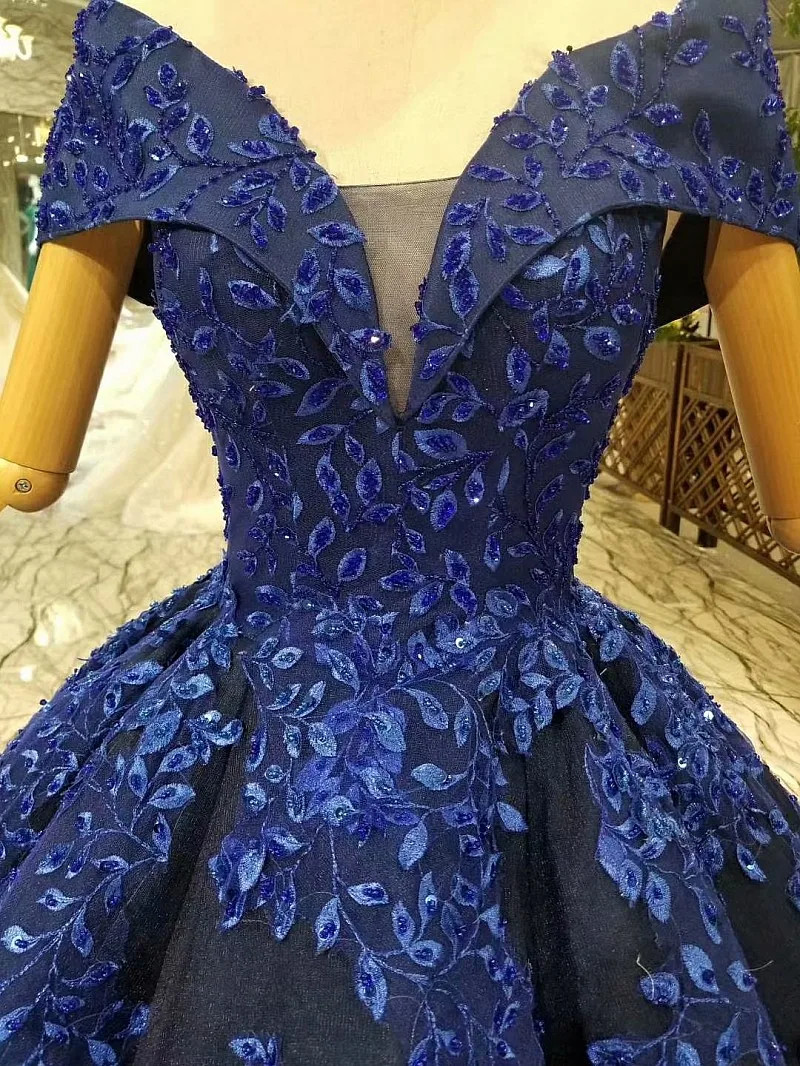 Navy Blue Luxurious Big Skirt Handmade Lace Wedding Dress Bridal Gown