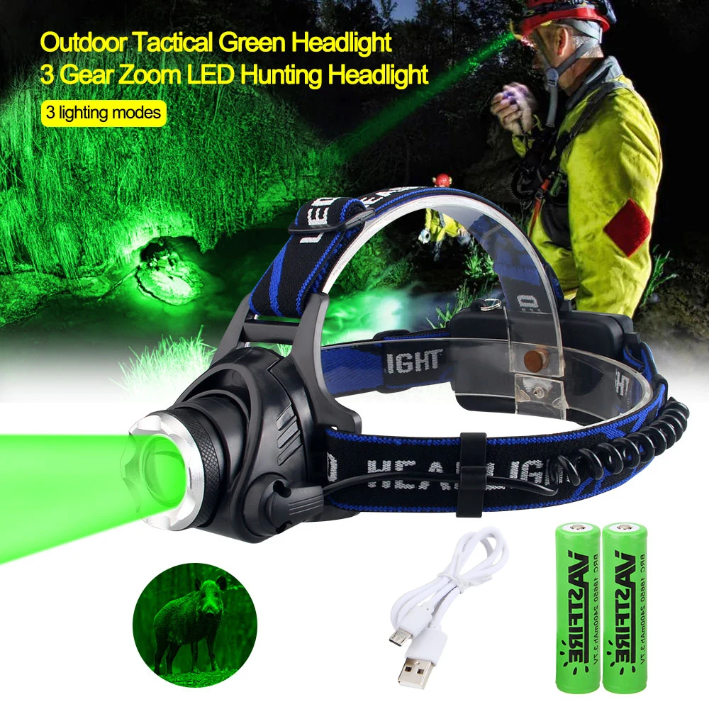 2000LM Q5 Zoomable פנס ירוק/אדום/UV 395nm אור חיצוני UV פנס עמיד למים USB ראש מנורת 3 מצבים לפיד ציד פנס