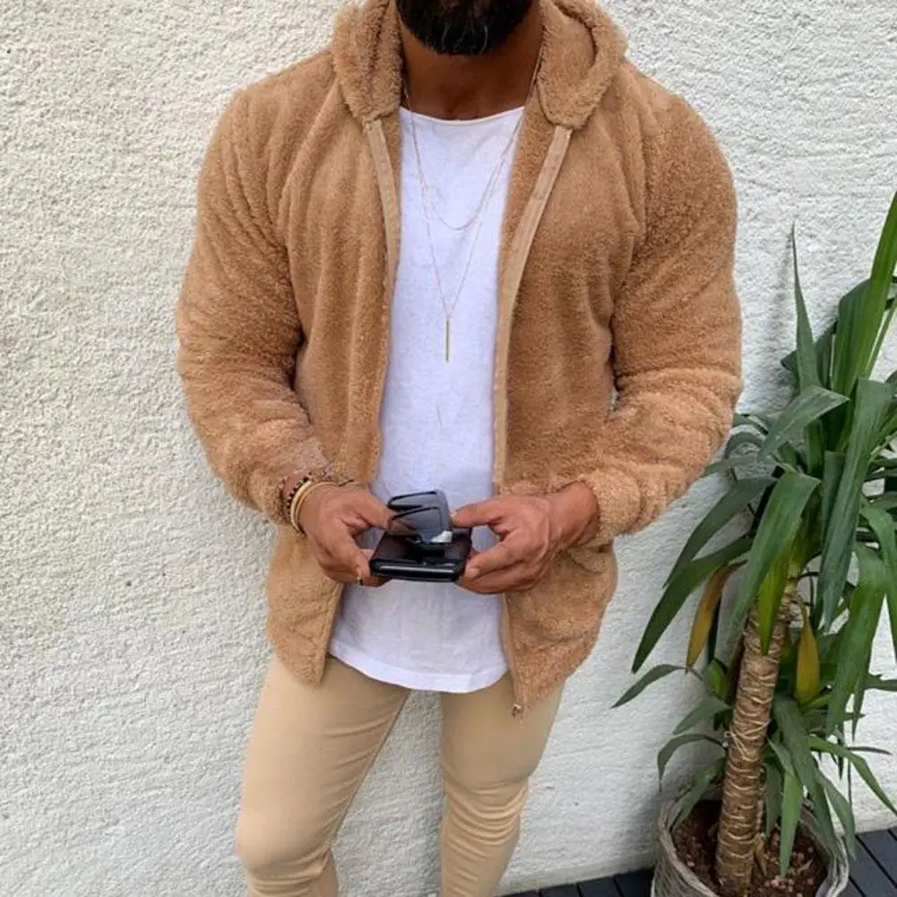 

Men Autumn Winter Solid Color Long Sleeve Zipper Plush Hoodie Warm Jacket Coat