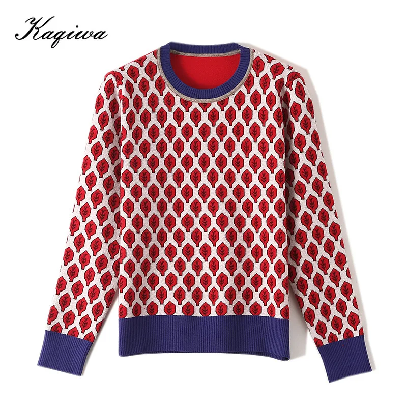 Long Sleeve O-Neck Lurex Christmas Pullovers Autumn Knitted Retro Tops Women New Vintage Red Leaf Jacquard Warm Sweaters C-007 | Женская