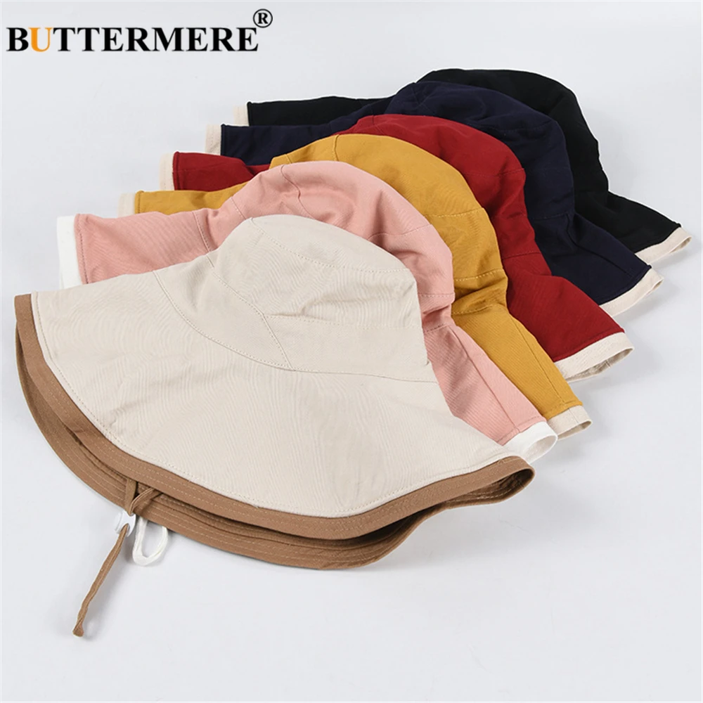 BUTTERMERE Double-sided Reversible Women Bucket Hat Cotton Black Wide Bim Sun Protection Caps for Ladies Solid Fisherman Hat