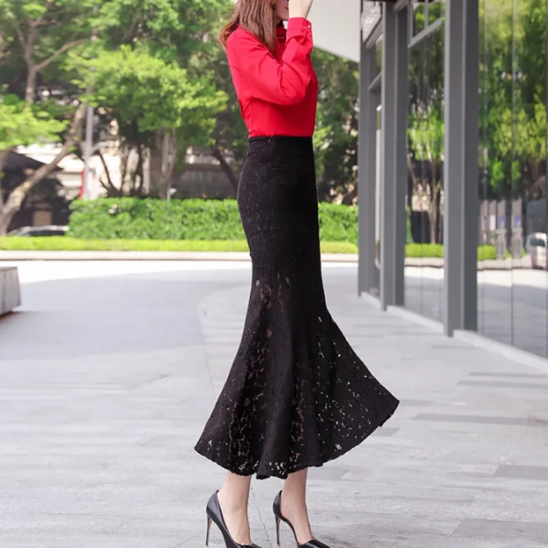 

Spring Autumn Korean Style Women High Waist Slim Fit Black Lace Wrap Skirts Office Lady Mermaid A-Line Long Skirt Solid Cotton