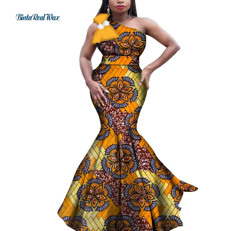 

Bazin Riche African Women Clothing One Shoulder Bow Long Dress Party Vestidos Dashiki African Print Dresses for Women WY4367