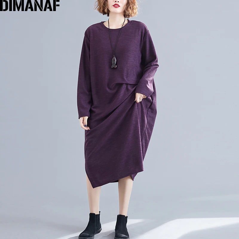 DIMANAF женское платье большого размера, осеннее, с длинным рукавом, со складками, базовое, повседневное, большой размер, женское, Vestidos, свободное, трикотажное, тонкое