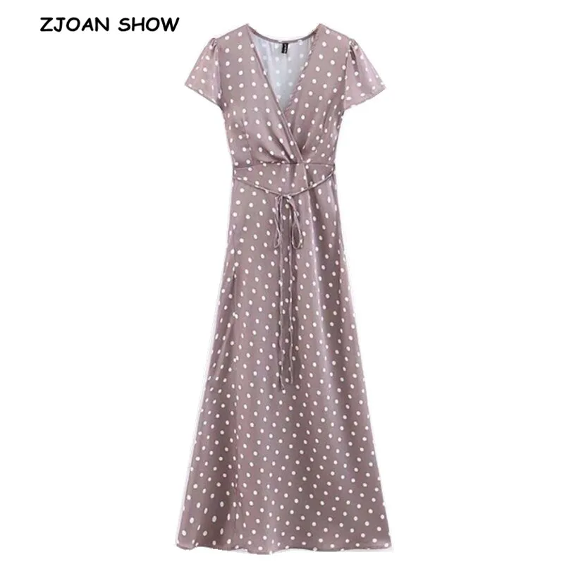 Женское длинное платье в горошек винтажное макси с v образным вырезом и поясом на