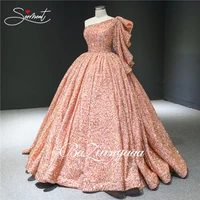 dubai luxury wedding dress oblique shoulder baziiingaaa large sequins pink wedding noble decal muslim bride cash on delivery