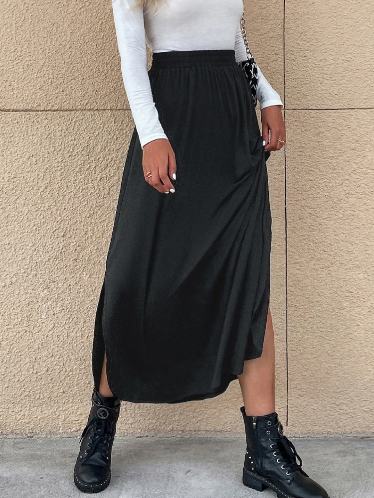 

High Waisted Split Thigh Skirt Women Black Solid Long Skirts Spring Summer Fashion Streetwear Maxi Skirt Casual Female Bottoms