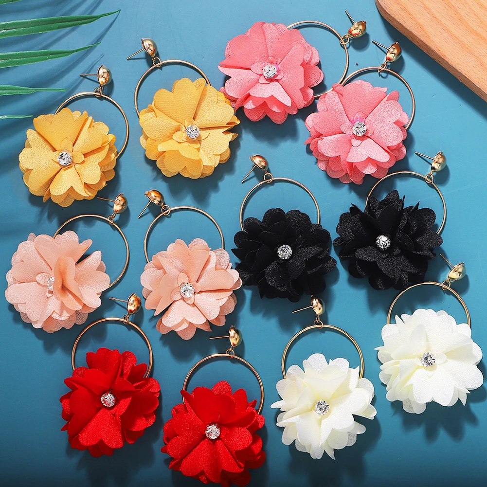 

Dvacaman Spring Summer 2022 Colorful Cloth Flower Drop Earrings Women Boho Floral Statement Earrings Big Round Dangle Earrings