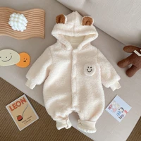 0 24m baby winter warm lamb wool romper cute smiley print infant long sleeve jumpsuit plus velvet thicken newborn girl clothes