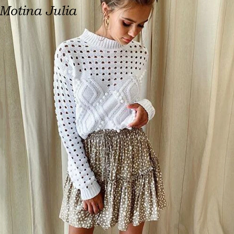 Motina Julia Sexy hollow out chunky knitted sweater women 2018 white autumn soft pom pullover female basic jumper | Женская одежда