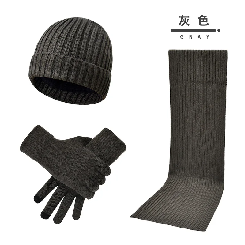 

2021 autumn and winter men and women knitted thick warmth woolen hat scarf gloves three-piece suit